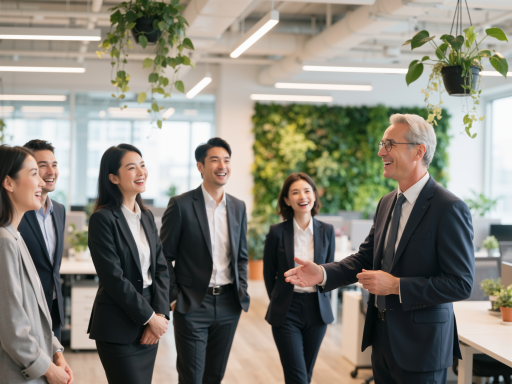 公司团队合影，包含多名员工在现代化办公环境中协作，明亮自然光线