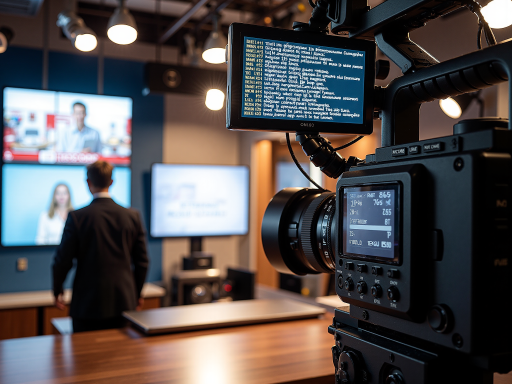 专业媒体团队工作场景，包含采访设备、专业人员操作，现代办公环境，明亮自然光线